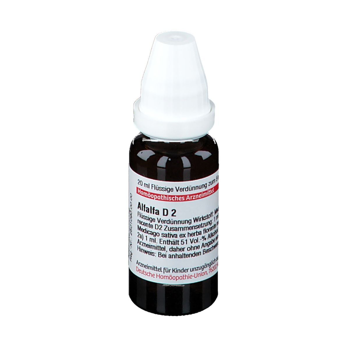 Braune Glasflasche mit weißem Verschluss. Etikett mit Produktinformationen. DHU Alfalfa D2, 20 ml.
