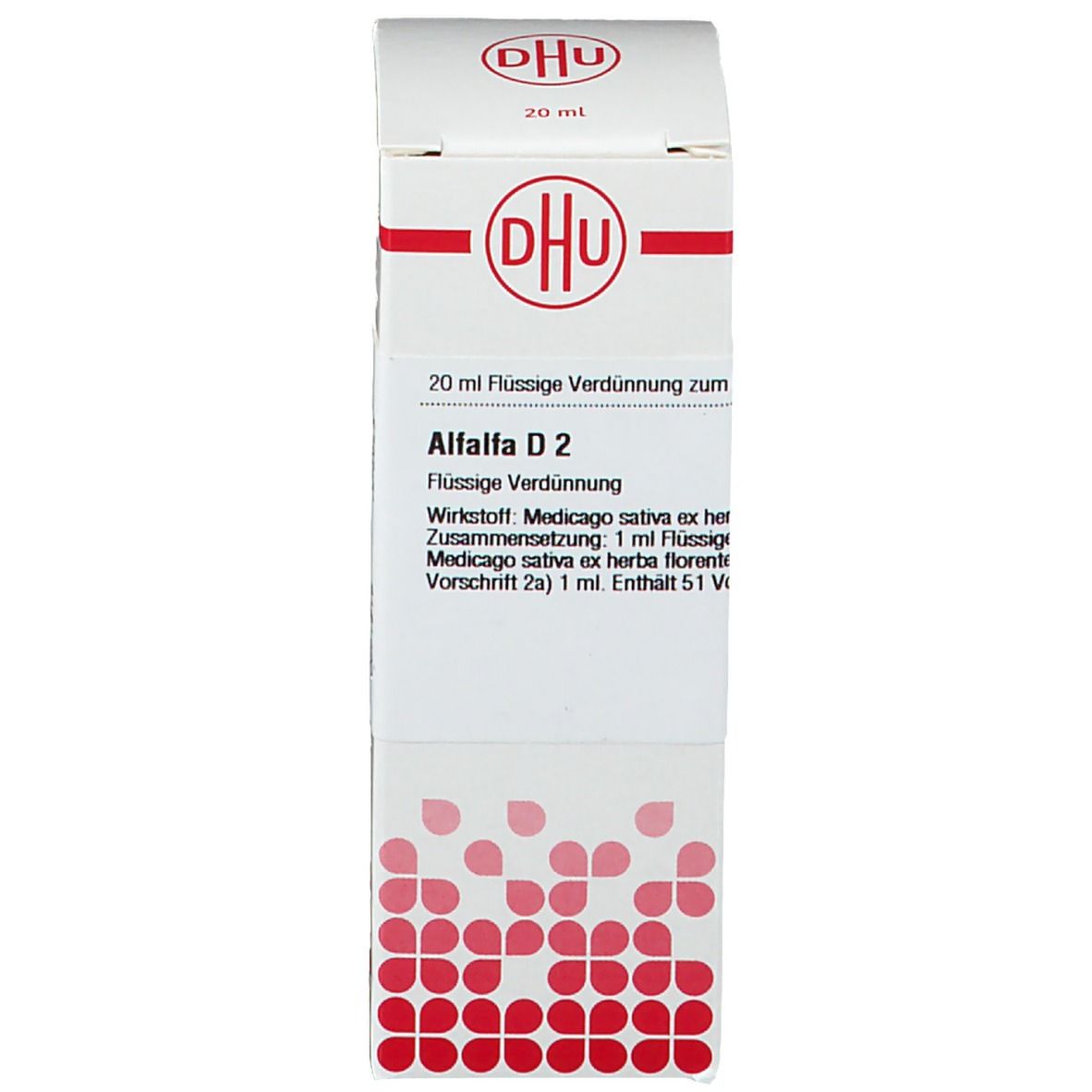 Karton mit Produktinformationen. DHU Alfalfa D2, 20 ml. Flasche mit weißem Verschluss.