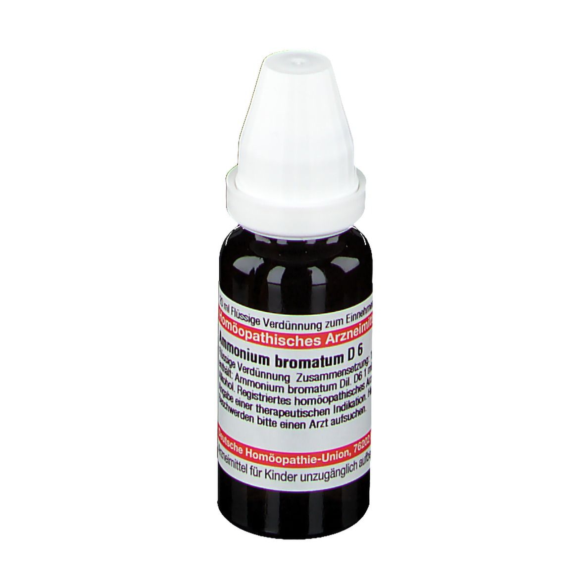 Braune Tropfflasche mit weißem Deckel. Etikett mit Text: Ammonium bromatum D6. Deutsche Homöopathie-Union.