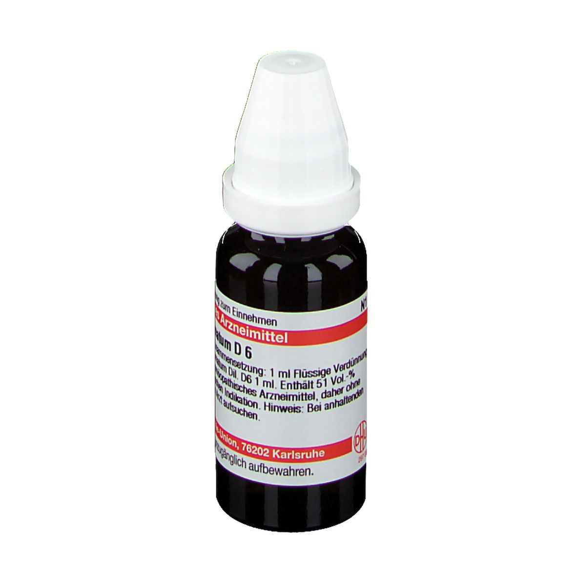 Braune Tropfflasche mit weißem Deckel. Etikett mit Text: Ammonium bromatum D6. Deutsche Homöopathie-Union.