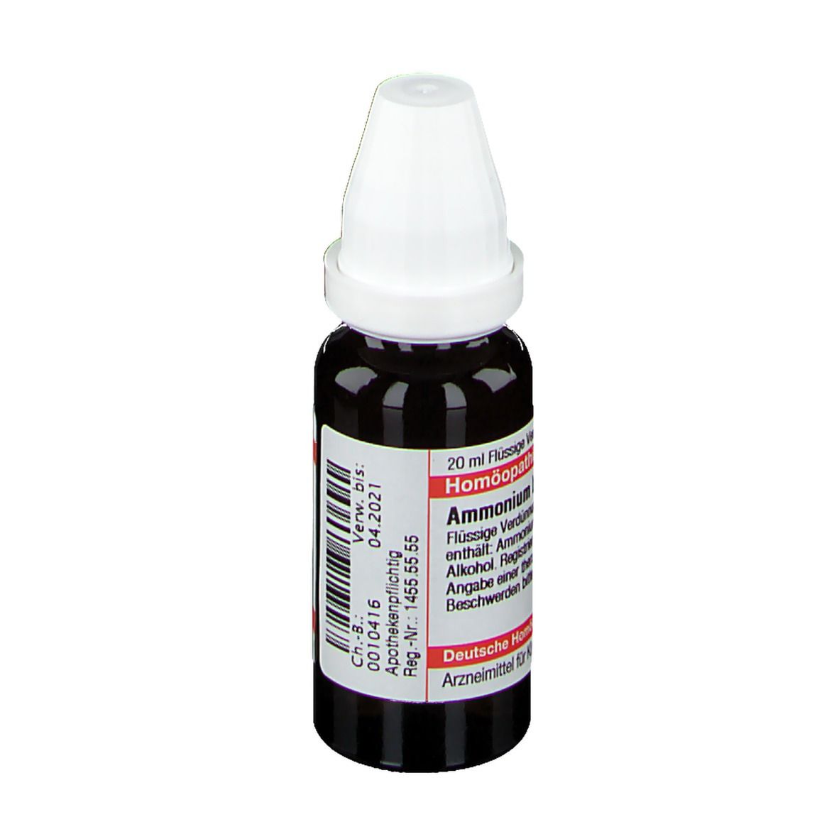Braune Tropfflasche mit weißem Deckel. Etikett mit Text: 20 ml. Ammonium bromatum. Deutsche Homöopathie-Union.
