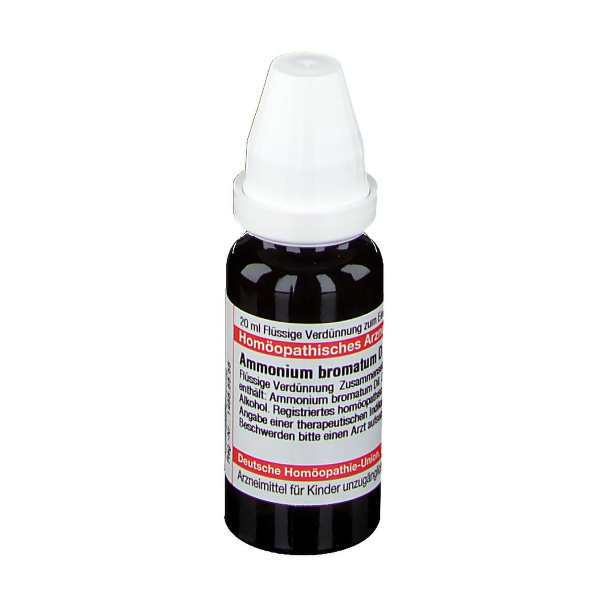Braune Tropfflasche mit weißem Deckel. Etikett mit Text: 20 ml. Ammonium bromatum. Deutsche Homöopathie-Union.