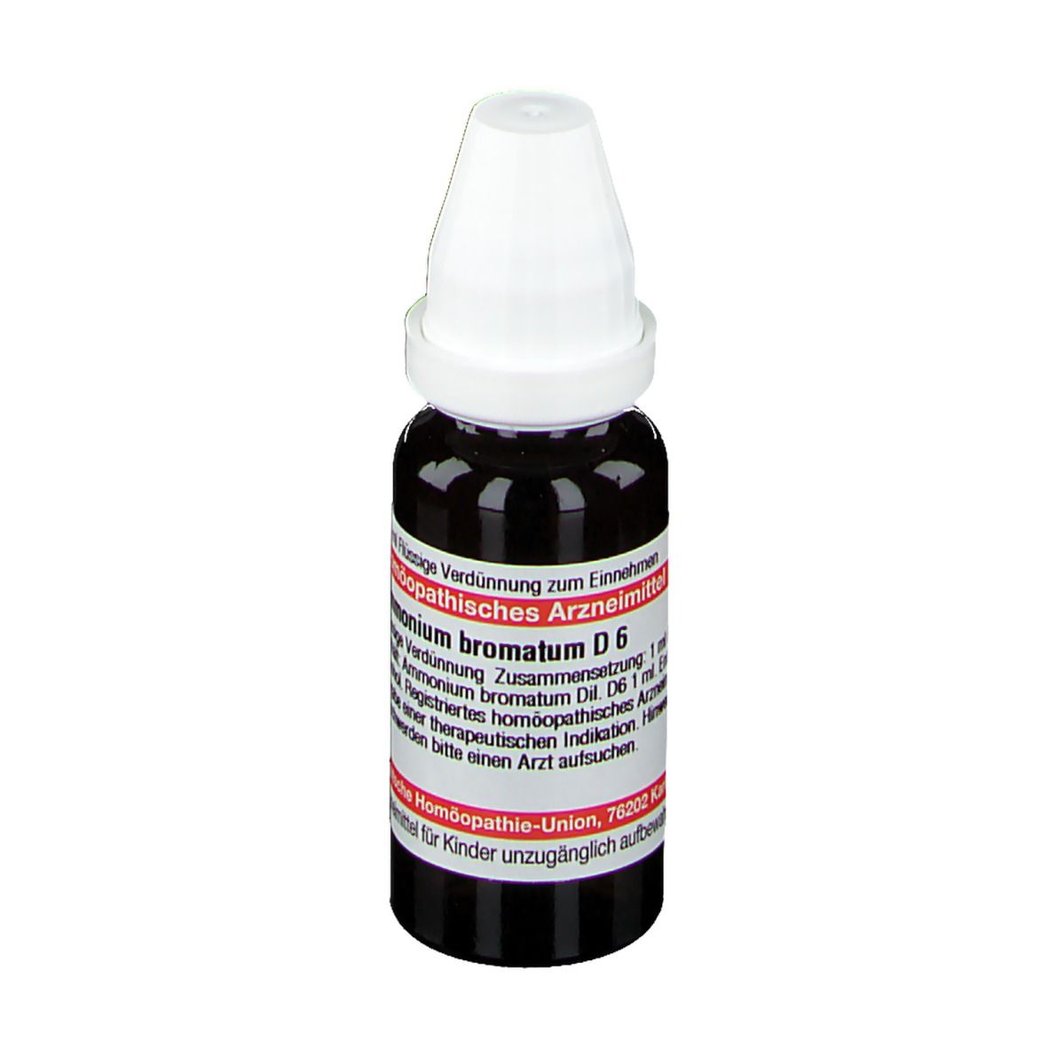 Braune Tropfflasche mit weißem Deckel. Etikett mit Text: Ammonium bromatum D6. Deutsche Homöopathie-Union.
