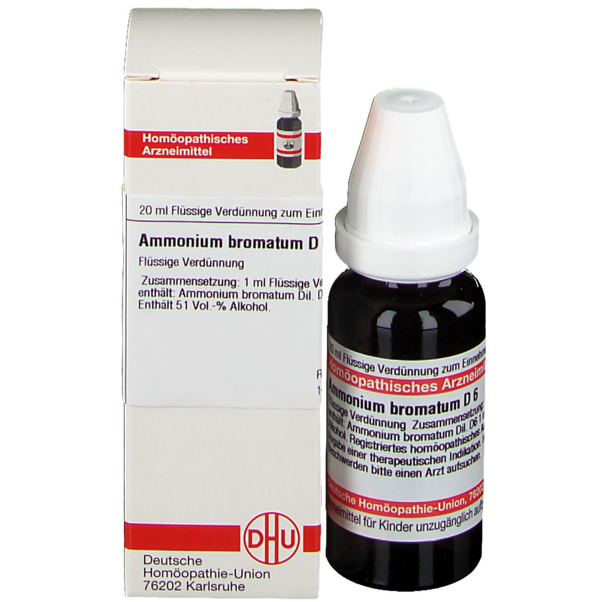 Braune Tropfflasche und Schachtel. Schachtel mit Text: Ammonium bromatum D. Deutsche Homöopathie-Union.