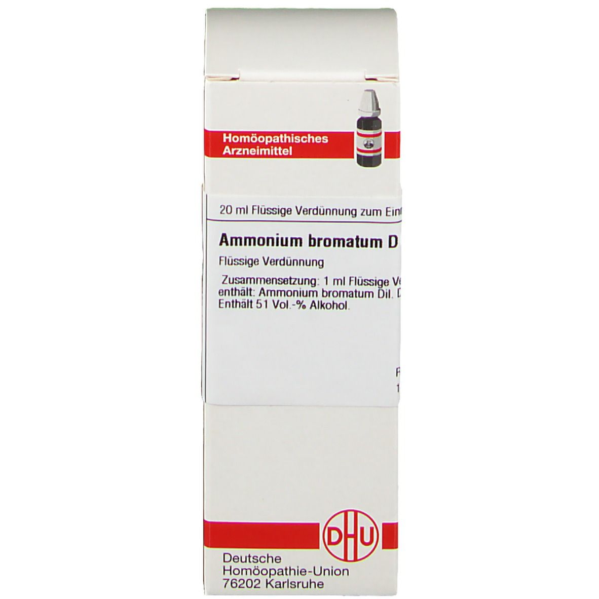 Schachtel mit Text: Ammonium bromatum D. Deutsche Homöopathie-Union. Kleines Bild der Flasche.