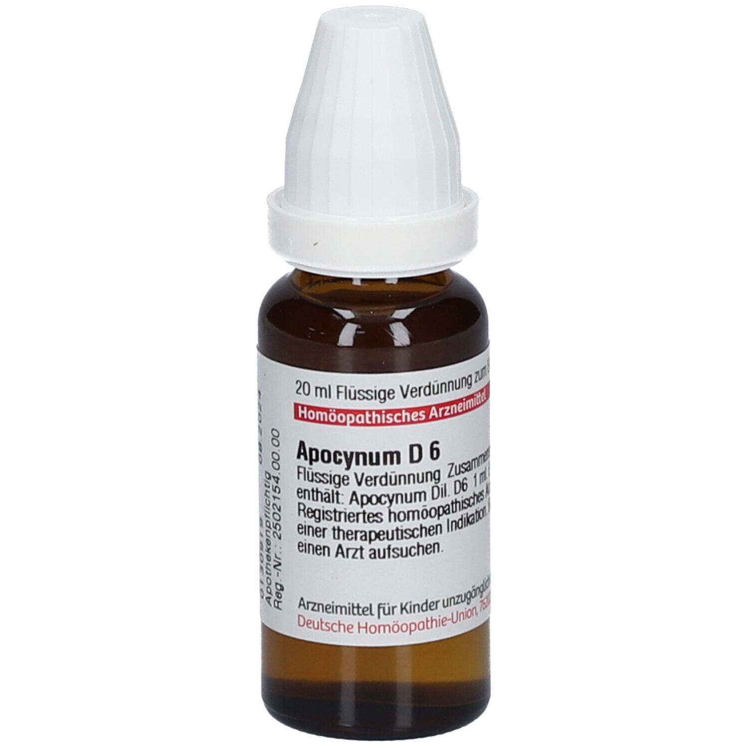 Braune Glasflasche mit weißem Verschluss. Etikett mit Produktinformationen: Apocynum D 6, 20 ml. Homöopathisches Arzneimittel.