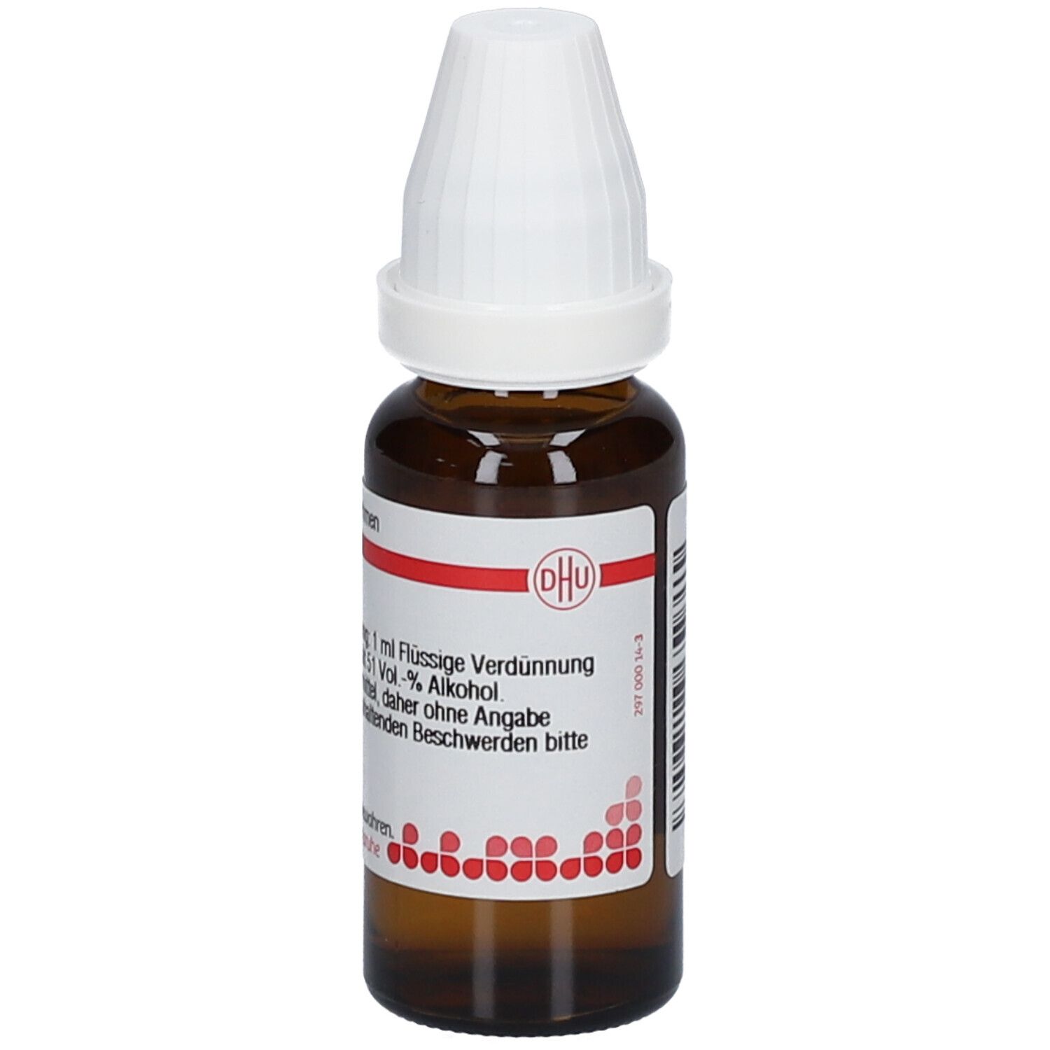 Braune Glasflasche mit weißem Verschluss. Etikett mit DHU-Logo und Produktinformationen. Homöopathisches Arzneimittel.