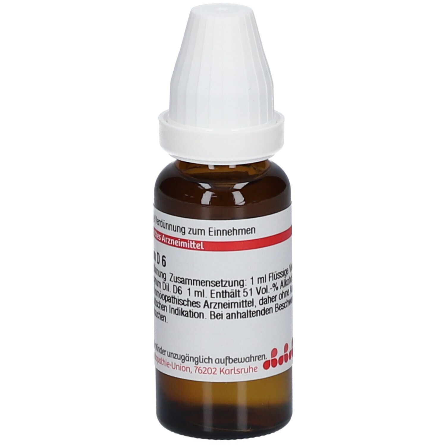 Braune Glasflasche mit weißem Verschluss. Etikett mit Produktinformationen: Apocynum D 6. Homöopathisches Arzneimittel zur Einnahme.