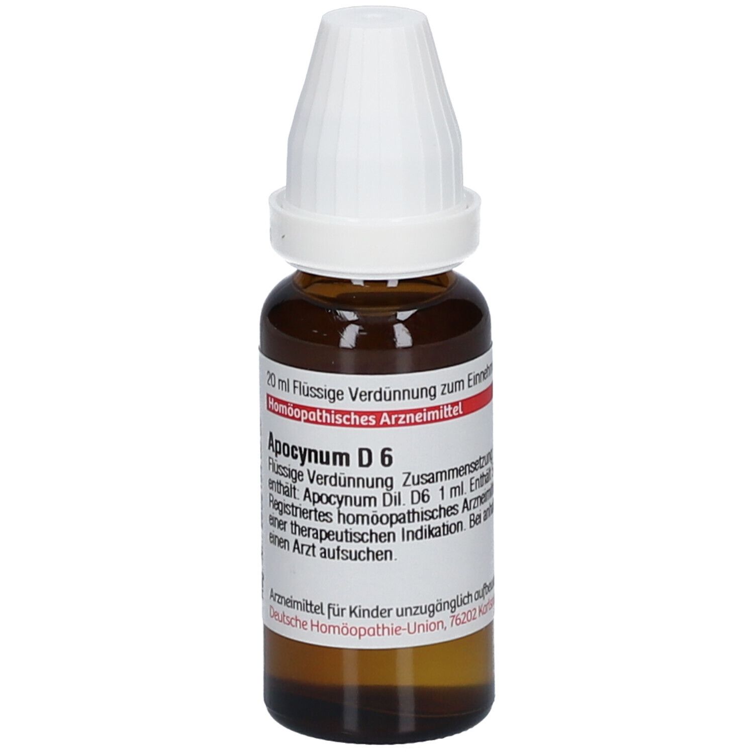 Braune Glasflasche mit weißem Verschluss. Etikett mit Produktinformationen: Apocynum D 6, 20 ml. Homöopathisches Arzneimittel.