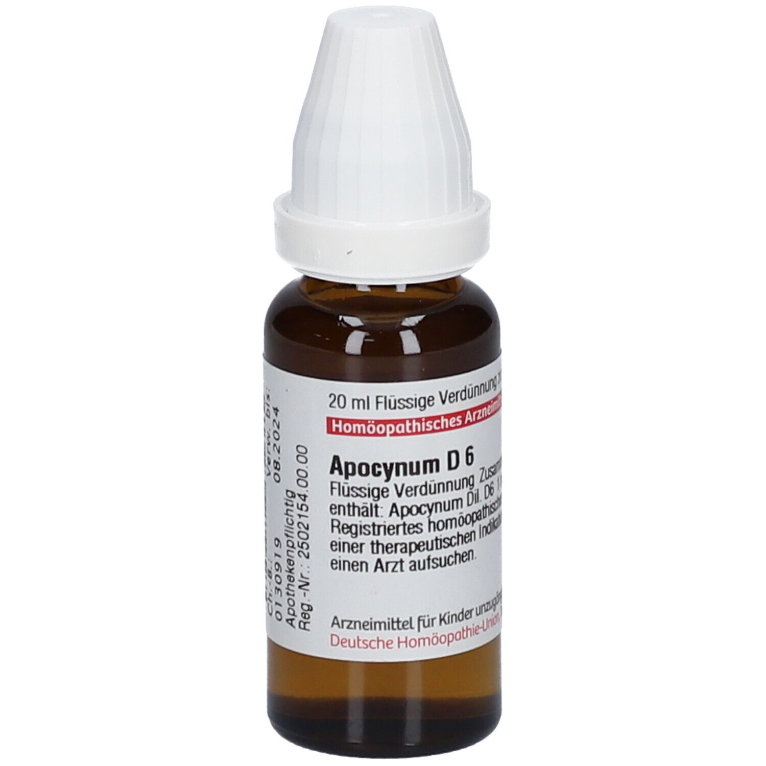 Braune Glasflasche mit weißem Verschluss. Etikett mit Produktinformationen: Apocynum D 6, 20 ml. Verfallsdatum 08.2024.