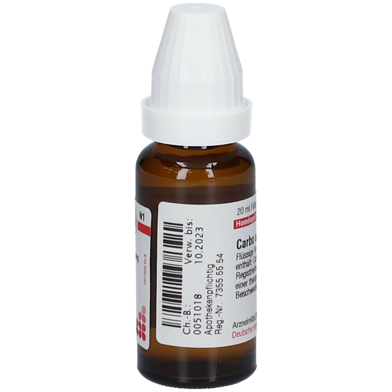 Braune Glasflasche mit weißem Verschluss. Etikett mit Produktinformationen. Apothekenpflichtig. Verwendbar bis 10.2023.