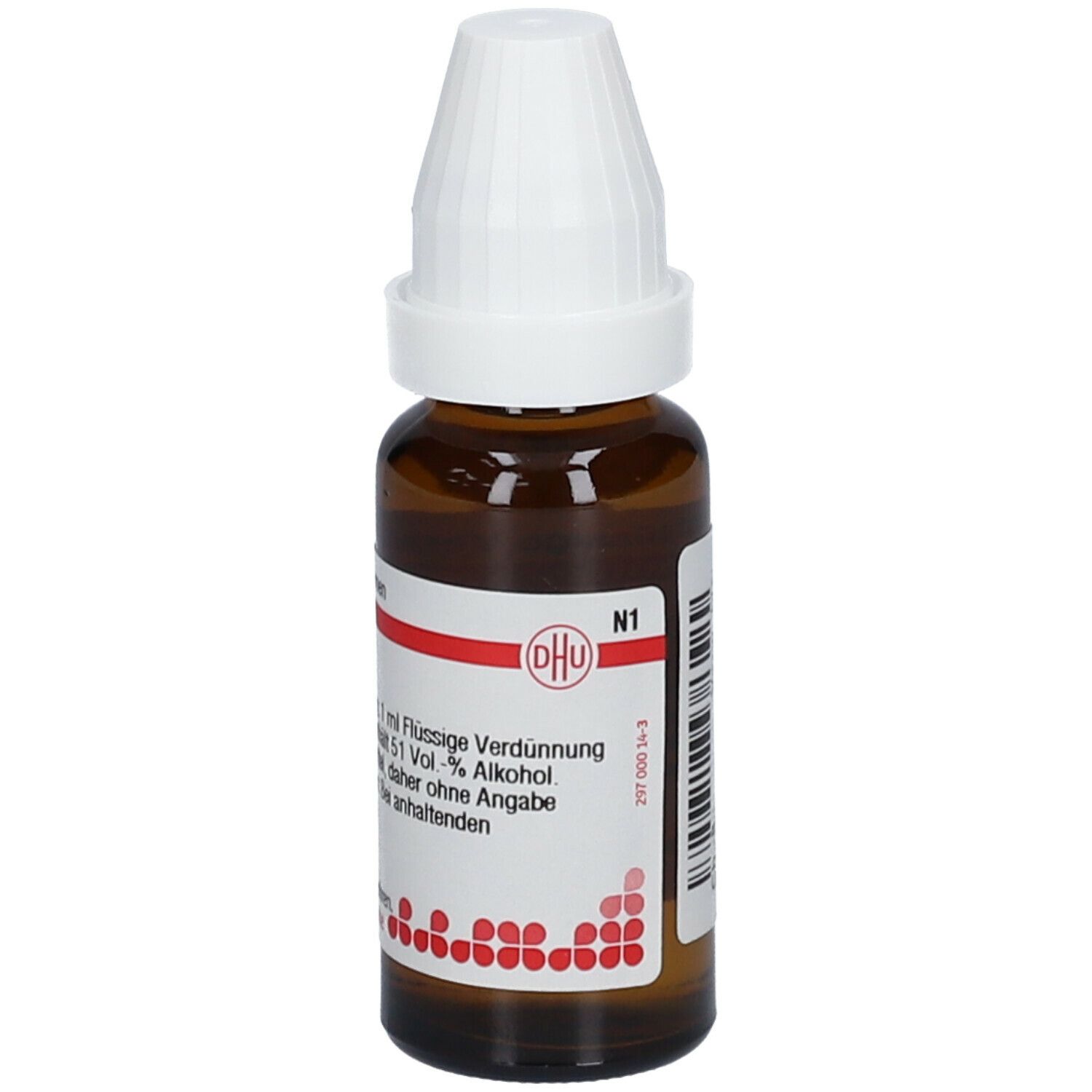 Braune Glasflasche mit weißem Verschluss. Etikett mit DHU-Logo und Produktinformationen. Flüssige Verdünnung.