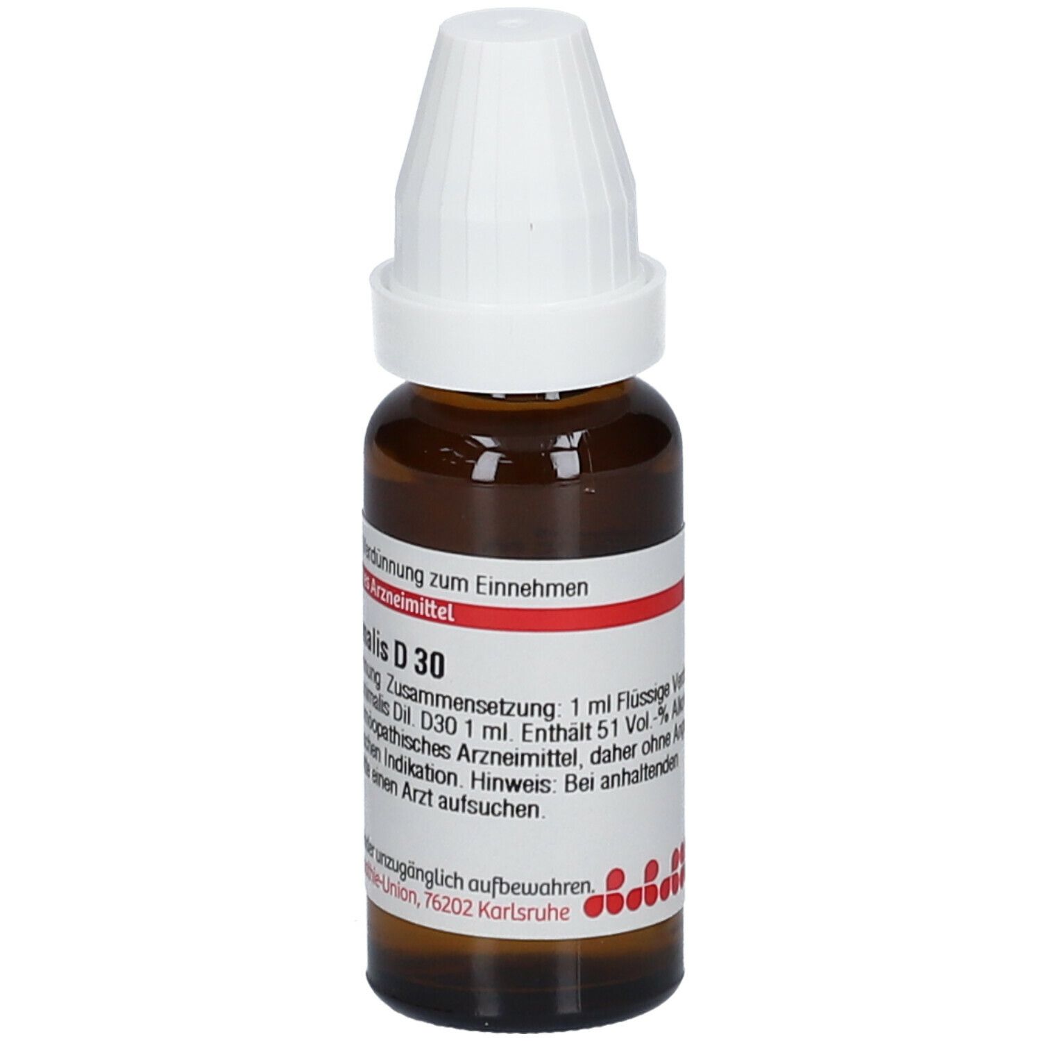 Braune Glasflasche mit weißem Verschluss. Etikett mit Produktnamen Carbo animalis D30. Flüssige Verdünnung.