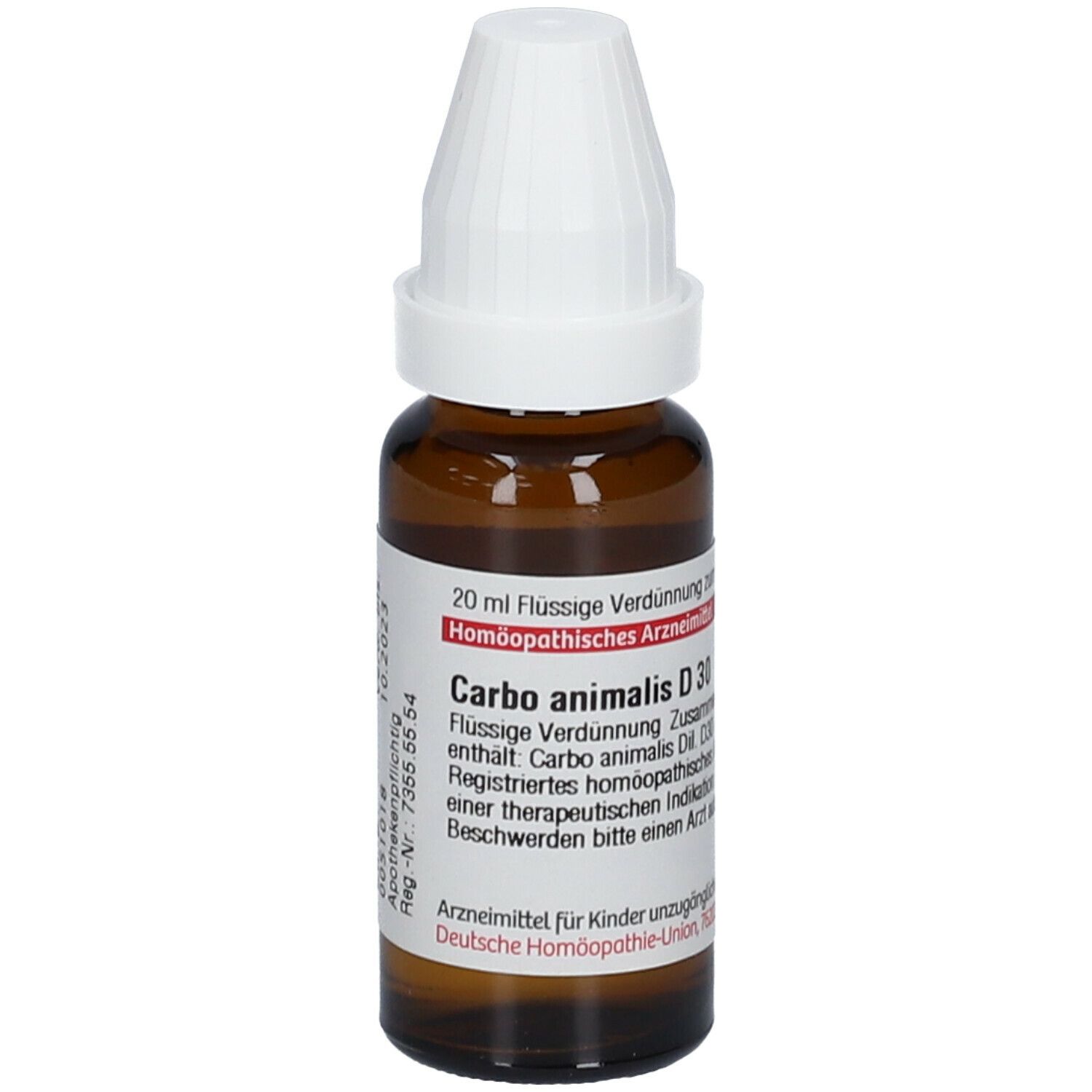 Braune Glasflasche mit weißem Verschluss. Etikett mit Produktnamen Carbo animalis D30. Flüssige Verdünnung.