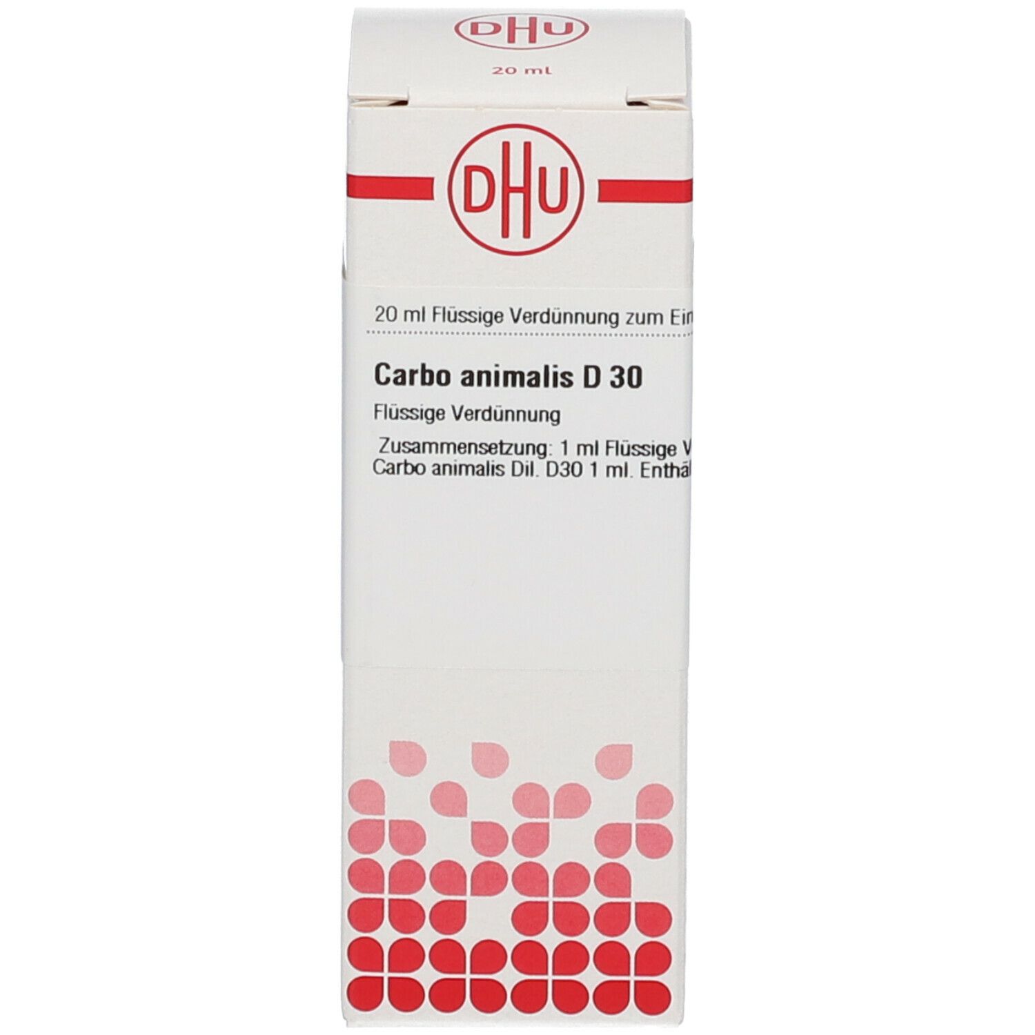 Produktflasche und Verpackung. Flasche mit weißem Verschluss, Etikett. Verpackung mit DHU-Logo und Produktinformationen.