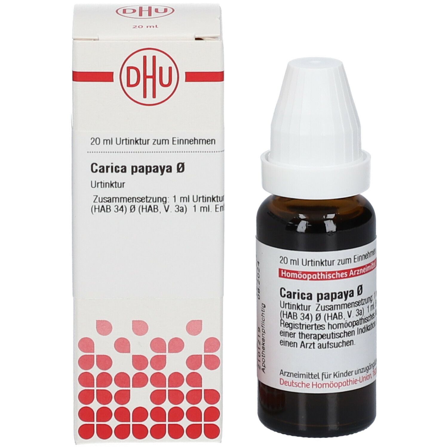 Produktverpackung und Flasche. Verpackung mit DHU Logo und Produktinformationen: Carica papaya Ø, Urtinktur.