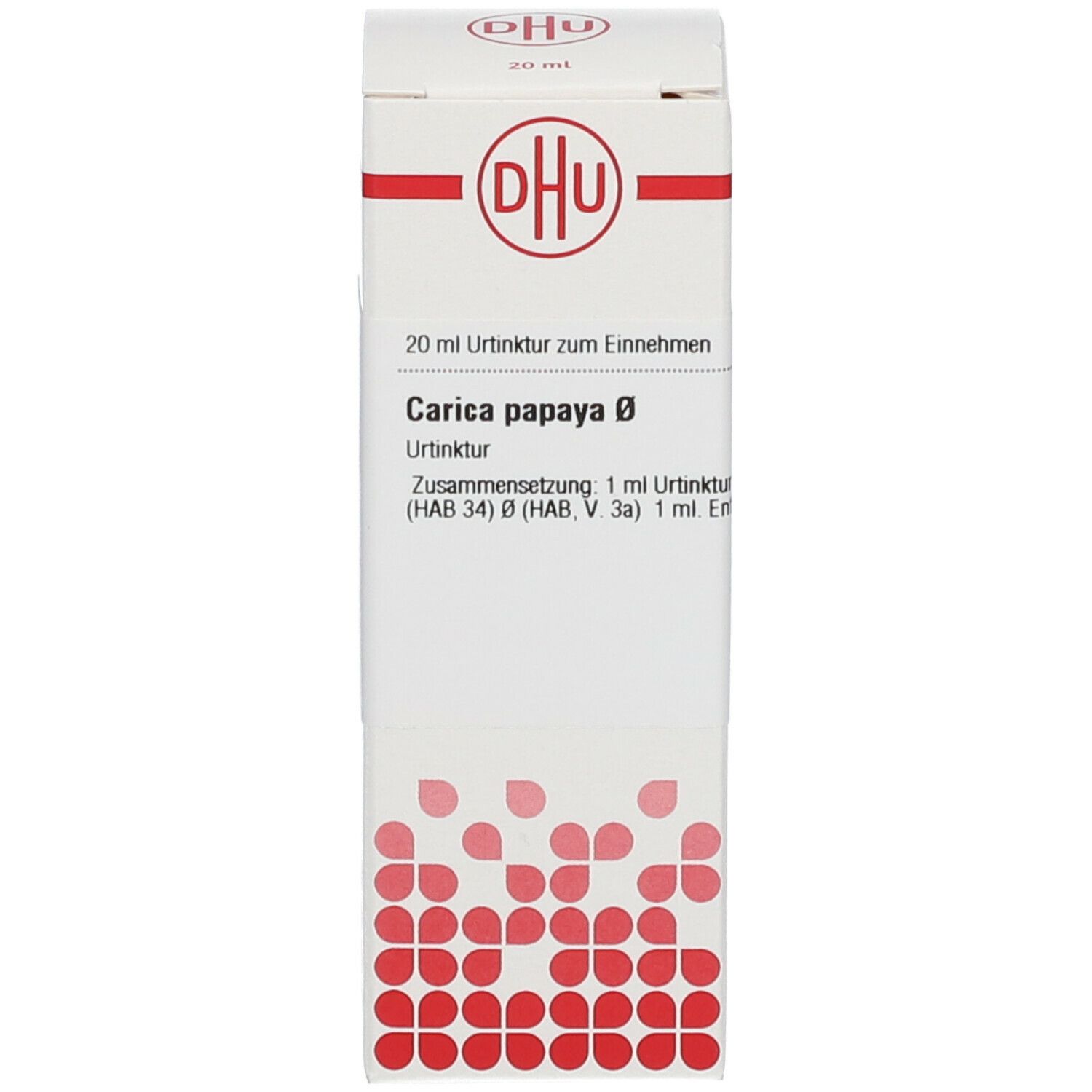 Produktverpackung. Verpackung mit DHU Logo und Produktinformationen: Carica papaya Ø, Urtinktur.