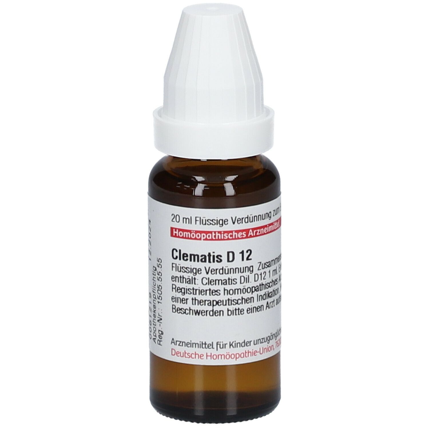 Braune Glasflasche mit weißem Verschluss. Beschriftung: Clematis D 12, 20 ml Flüssige Verdünnung. Apothekenpflichtig.