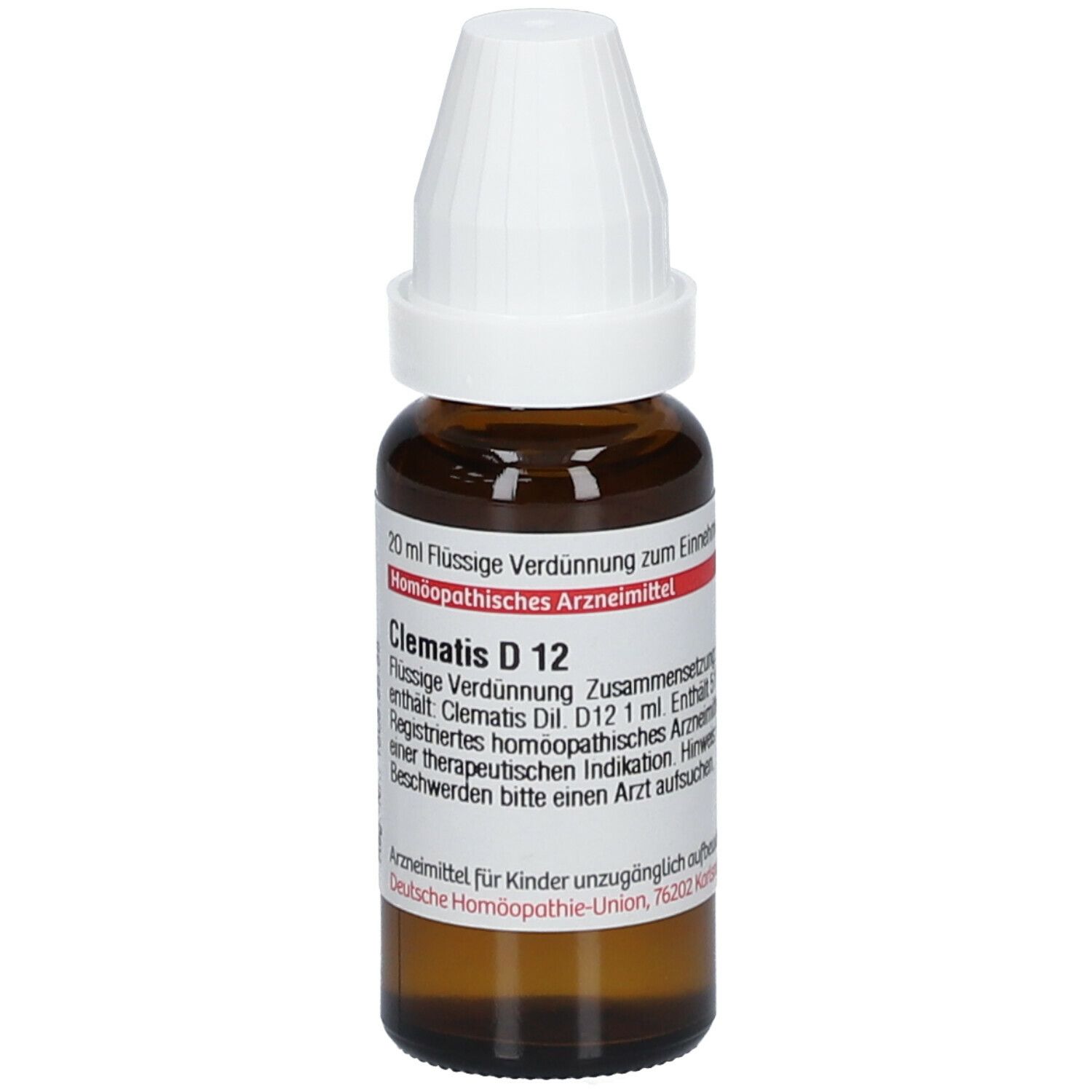 Braune Glasflasche mit weißem Verschluss. Beschriftung: Clematis D 12, 20 ml Flüssige Verdünnung. Homöopathisches Arzneimittel.