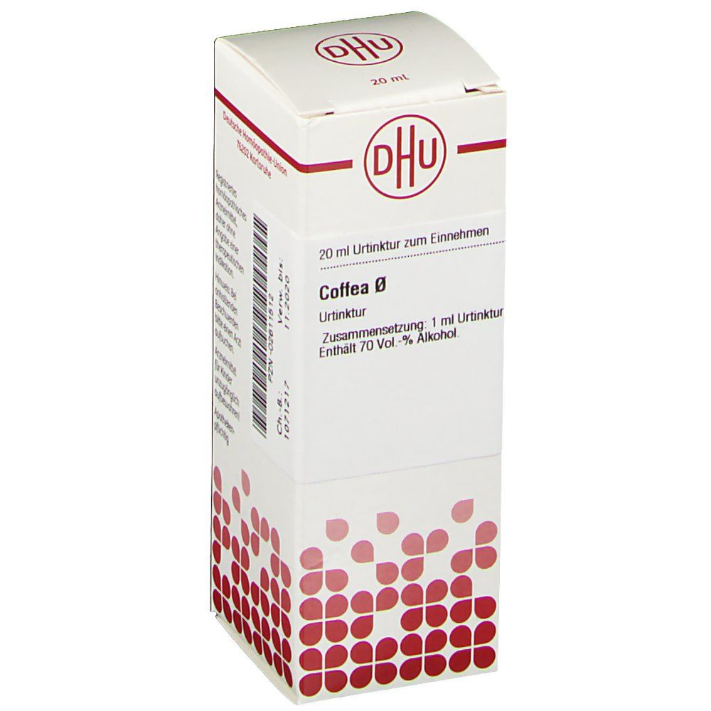 DHU Coffea Urtinktur-Verpackung. Weißer Karton mit rotem Logo und Text. Enthält 20 ml. Text in deutscher Sprache.