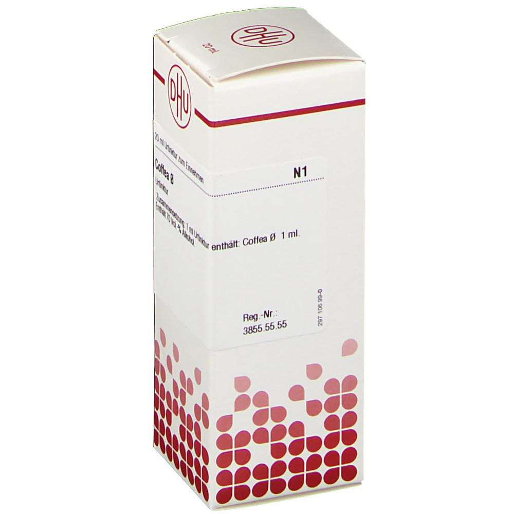 DHU Coffea Urtinktur-Verpackung. Weißer Karton mit rotem Logo und Text. Enthält 1 ml. Text in deutscher Sprache.