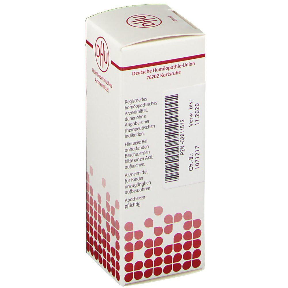 DHU Coffea Urtinktur-Verpackung. Weißer Karton mit rotem Logo und Text. Deutsche Homöopathie-Union. Text in deutscher Sprache.