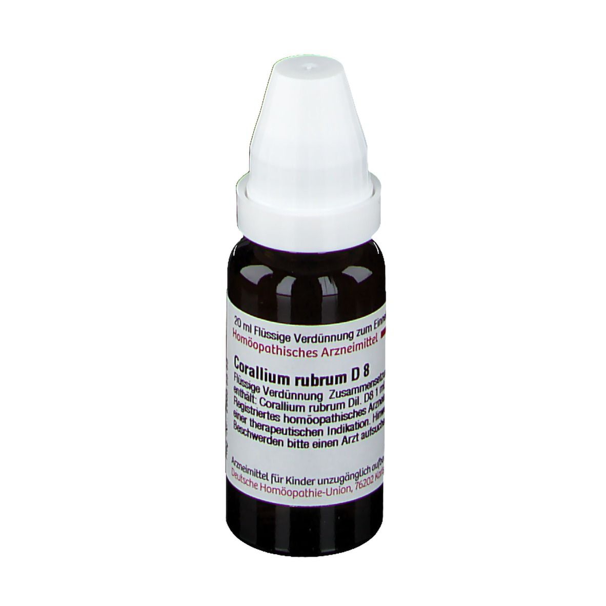Braune Glasflasche mit weißem Verschluss. Aufschrift: Corallium rubrum D8. Flüssige Verdünnung zum Einnehmen.
