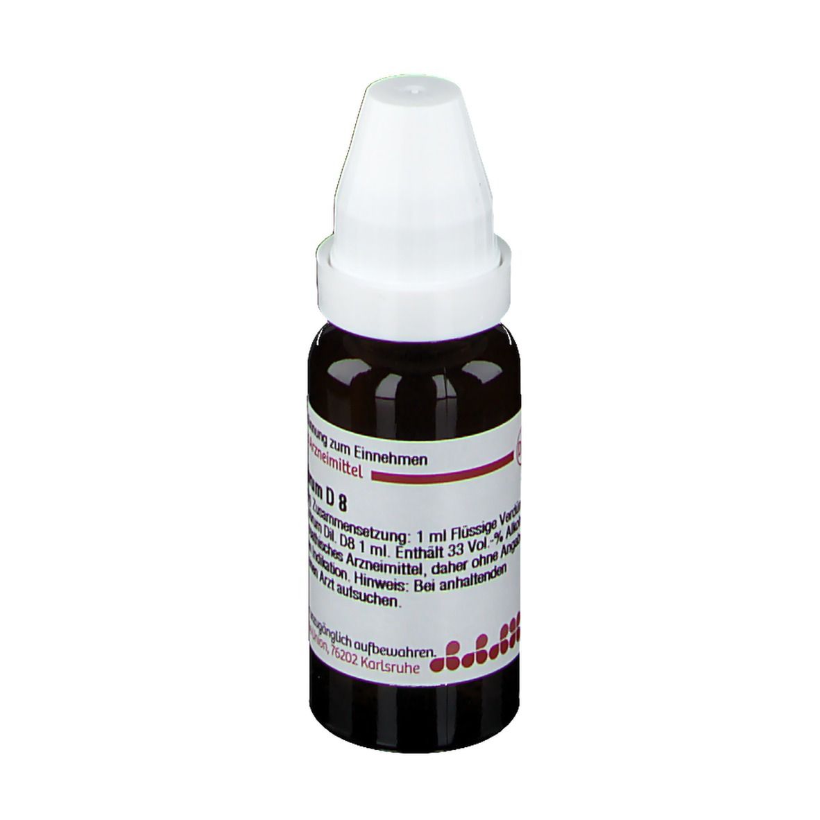 Braune Glasflasche mit weißem Verschluss. Aufschrift: Corallium rubrum D8. Flüssige Verdünnung zum Einnehmen.