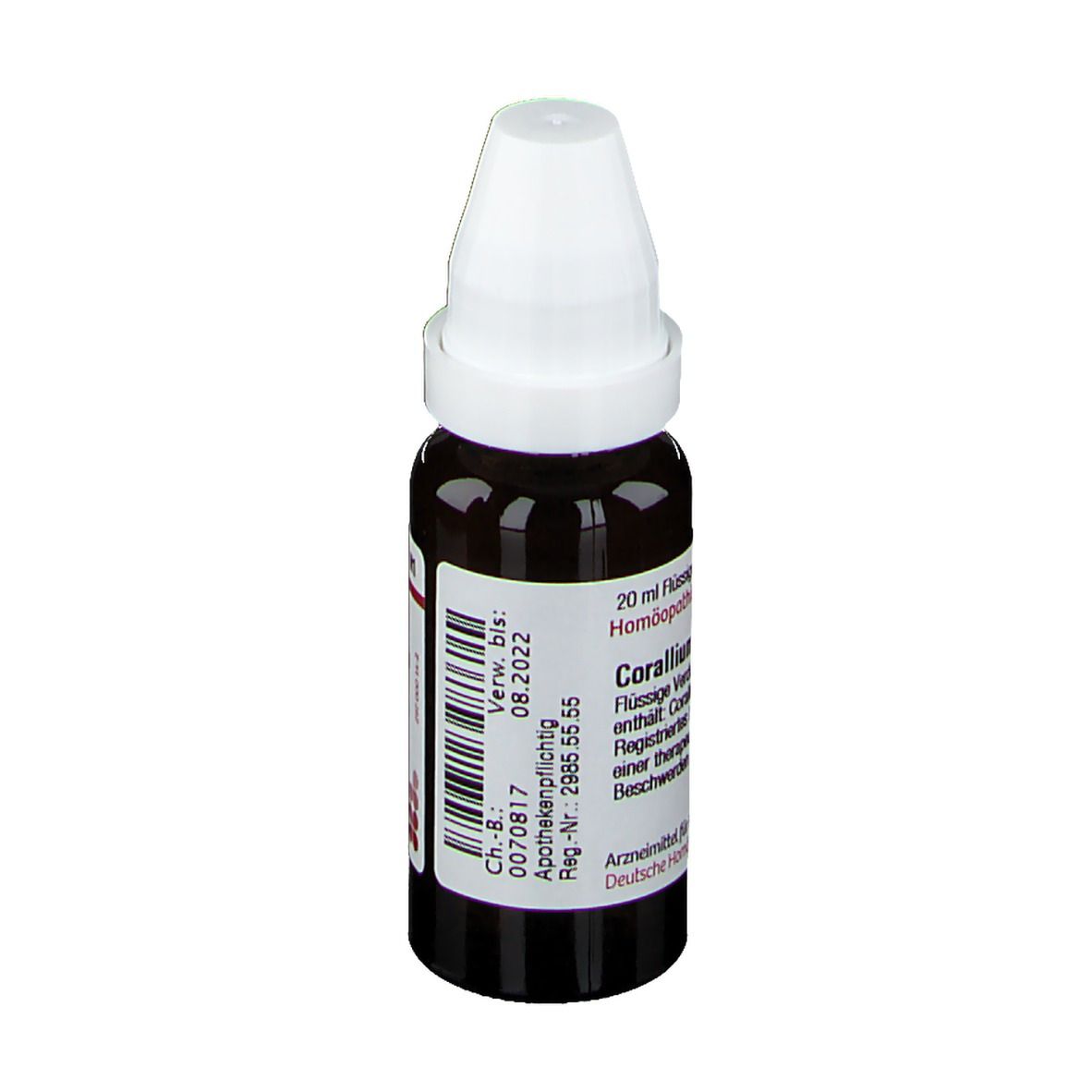 Braune Glasflasche mit weißem Verschluss. Aufschrift: Corallium rubrum D8. Flüssige Verdünnung zum Einnehmen.