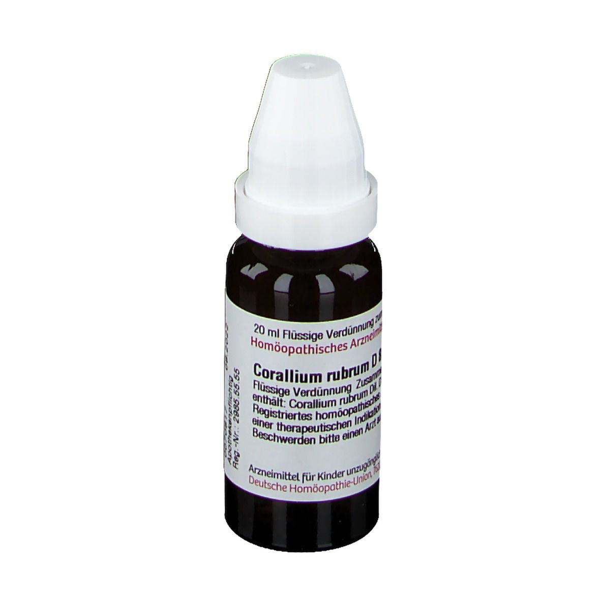 Braune Glasflasche mit weißem Verschluss. Aufschrift: Corallium rubrum D8. Flüssige Verdünnung zum Einnehmen.