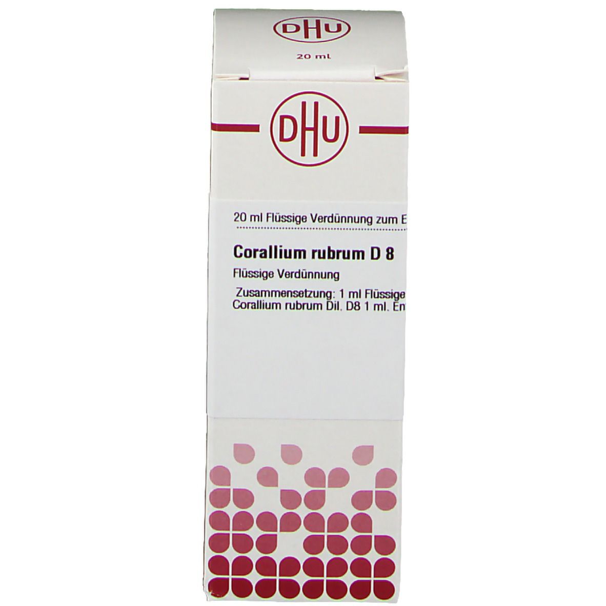 Karton mit Aufschrift DHU, Corallium rubrum D8. Flüssige Verdünnung. Weiß, rot und braun.
