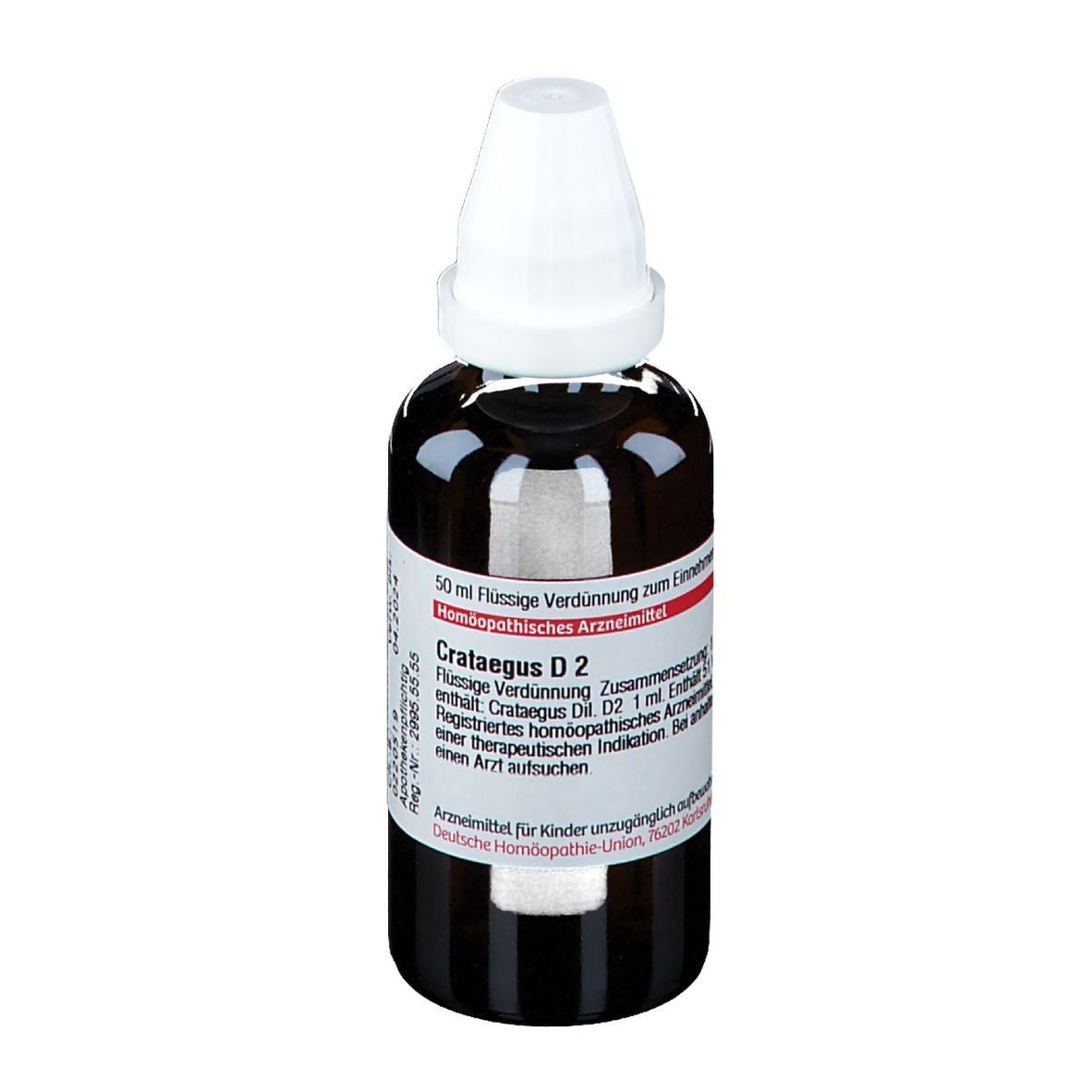 Braune Glasflasche mit weißem Verschluss. Etikett mit Text: Crataegus D2, 50 ml. Homöopathisches Arzneimittel. DHU.