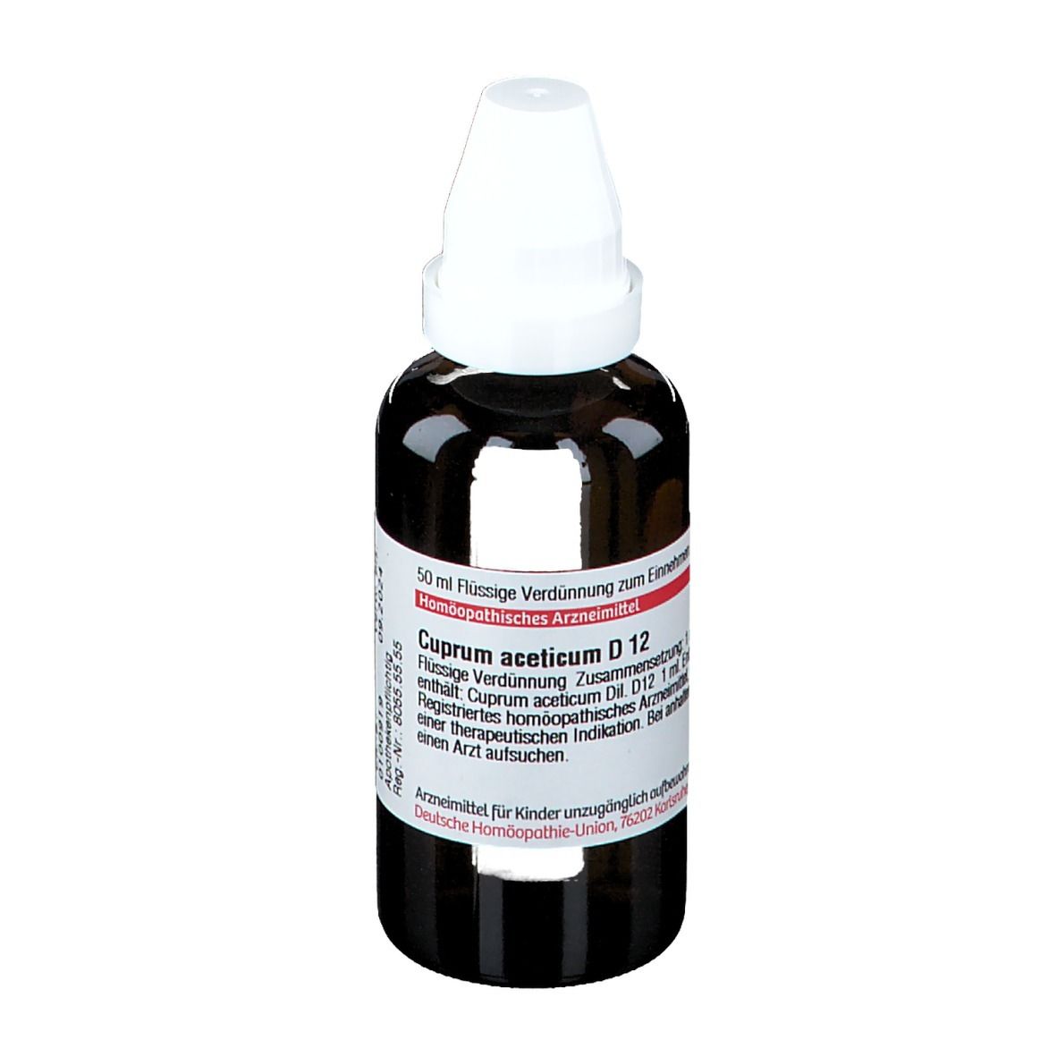 Braune Glasflasche mit weißem Verschluss. Etikett mit Produktinformationen. Deutsche Homöopathie-Union.