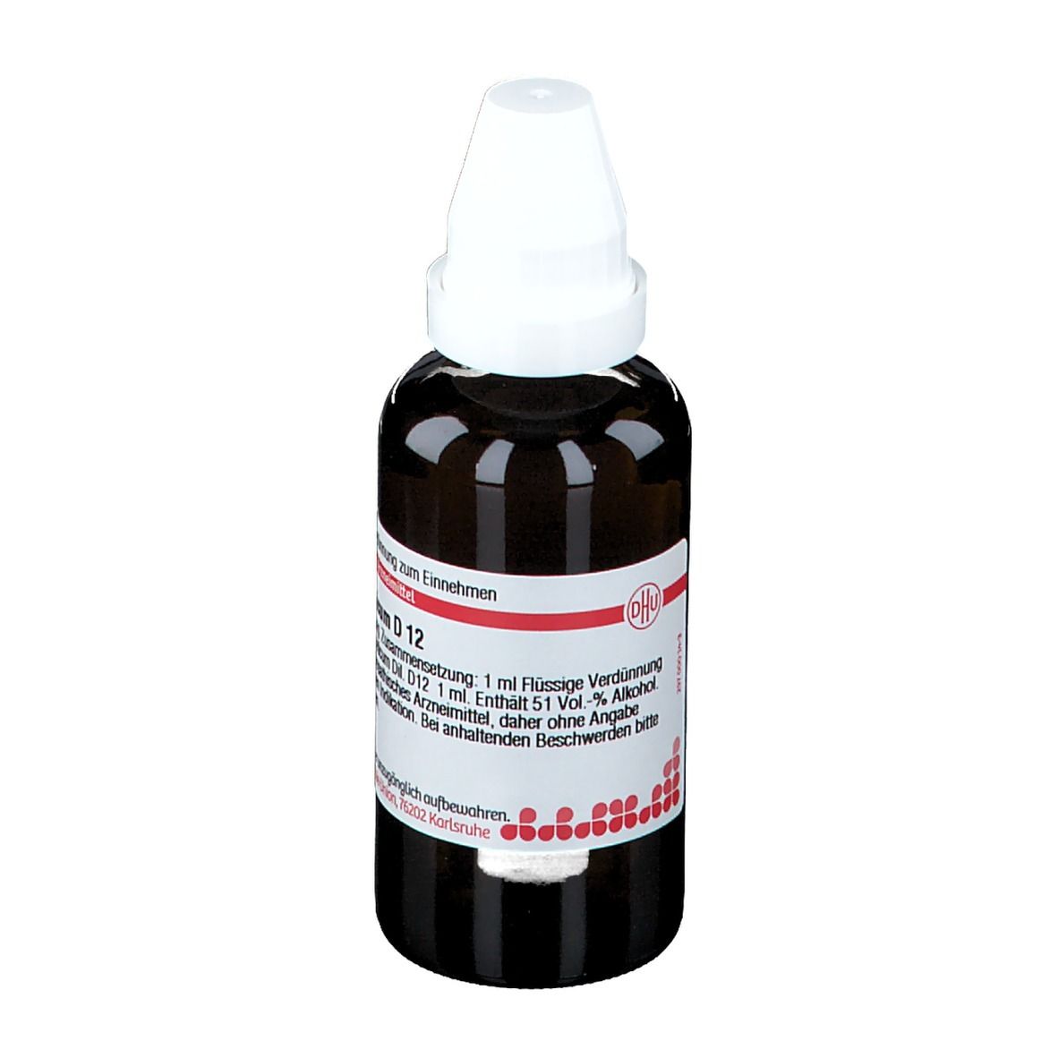 Braune Glasflasche mit weißem Verschluss. Etikett mit Produktinformationen. DHU Cuprum aceticum D12.