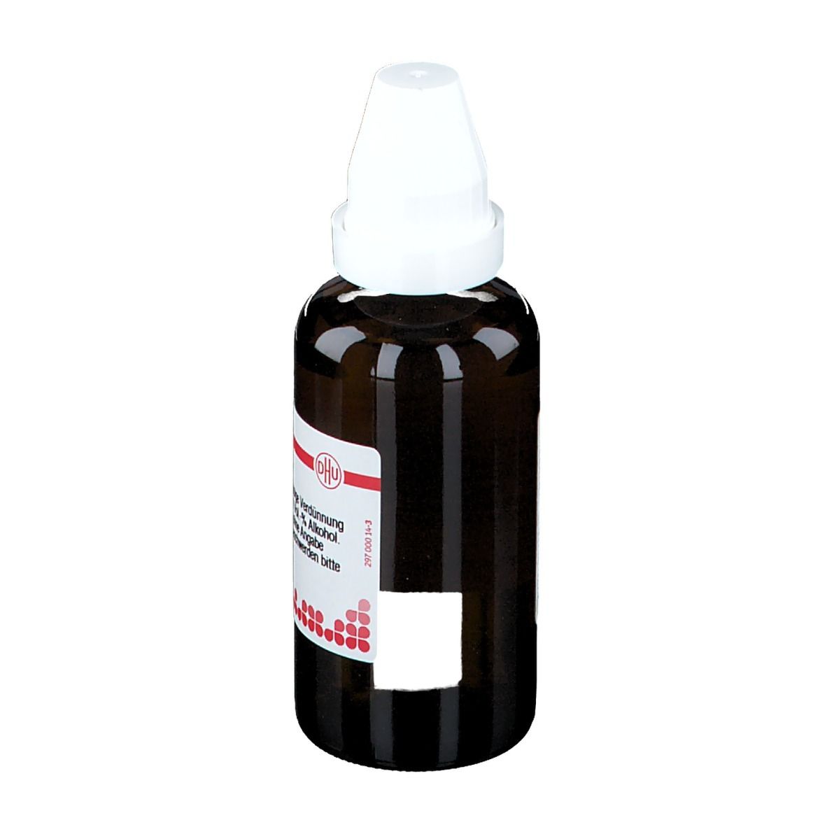 Braune Glasflasche mit weißem Verschluss. Etikett mit Produktinformationen. DHU. Homöopathisches Arzneimittel.