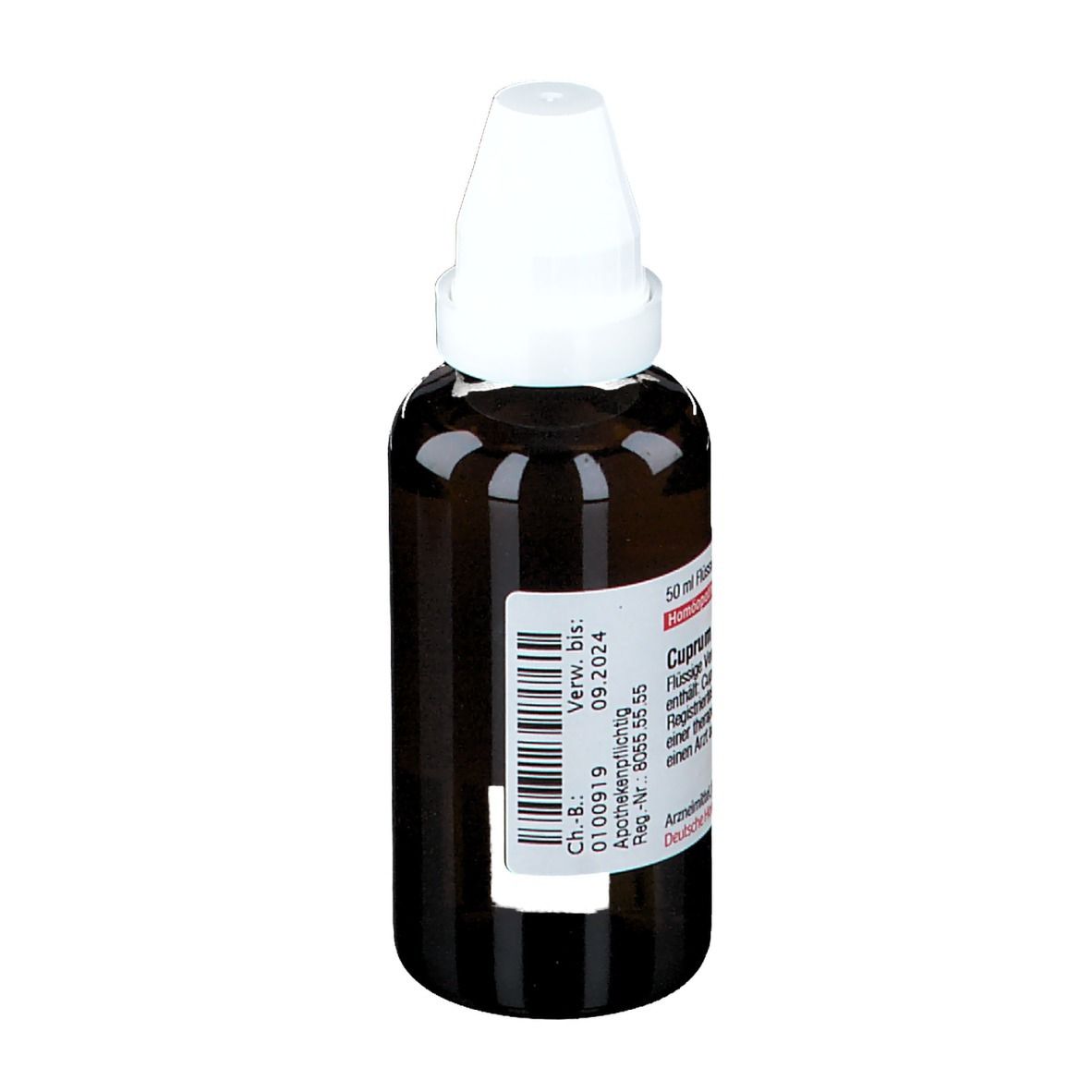 Braune Glasflasche mit weißem Verschluss. Etikett mit Produktinformationen. Verfallsdatum 09.2024.