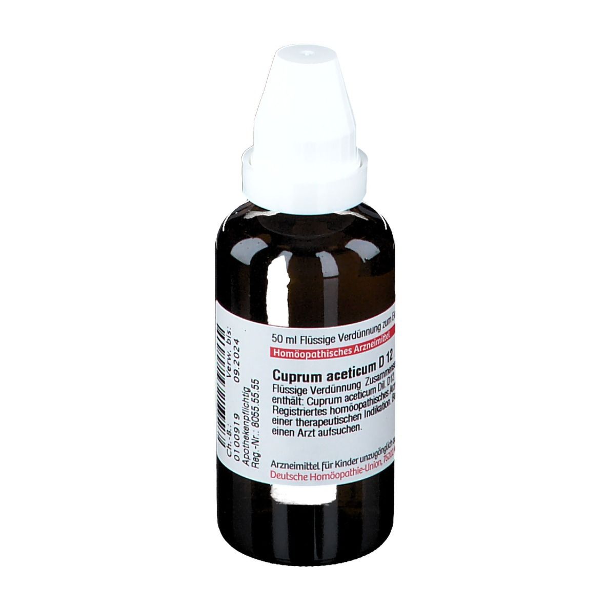 Braune Glasflasche mit weißem Verschluss. Etikett mit Produktinformationen. DHU Cuprum aceticum D12.
