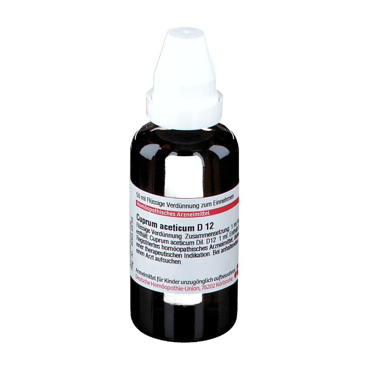 Braune Glasflasche mit weißem Verschluss. Etikett mit Produktinformationen. DHU Cuprum aceticum D12.