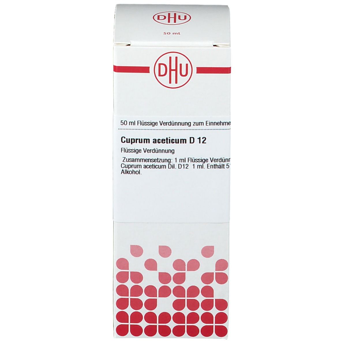 Weiße Verpackung mit Produktinformationen. DHU Logo. Cuprum aceticum D12. 50 ml.