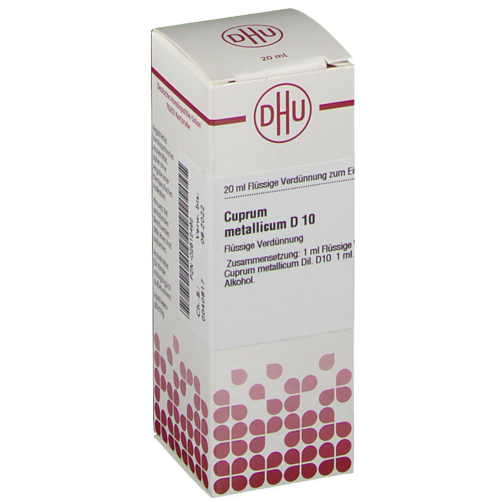 Weiße Faltschachtel mit DHU-Logo und Aufschrift "Cuprum metallicum D 10". Enthält 20 ml Flüssigkeit. Rote Punkte zieren die Verpackung.