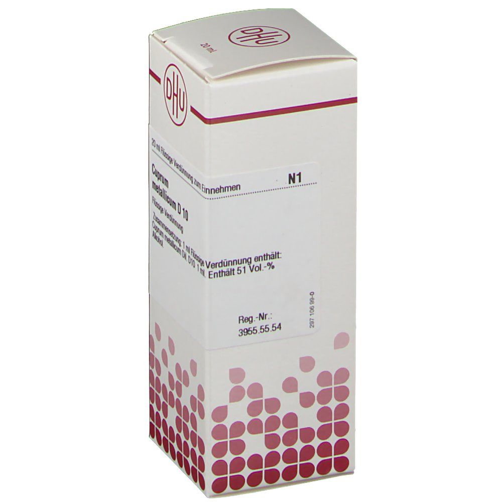 Weiße Faltschachtel mit DHU-Logo und Aufschrift "Cuprum metallicum D 10". Enthält 20 ml Flüssigkeit. Rote Punkte zieren die Verpackung.