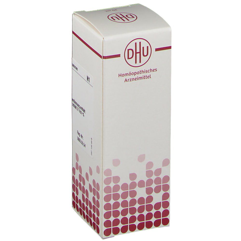 Weiße Faltschachtel mit DHU-Logo und Aufschrift "Homöopathisches Arzneimittel". Rote Punkte zieren die Verpackung.