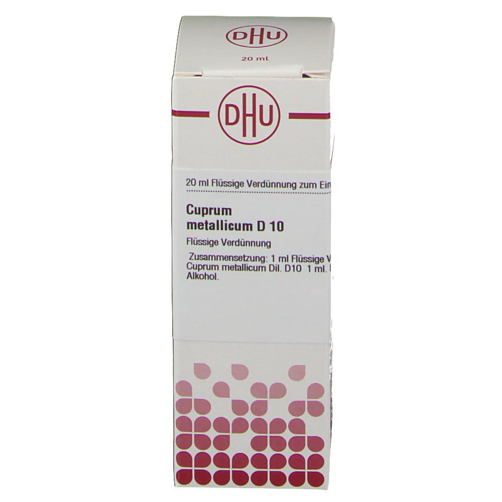Weiße Faltschachtel mit DHU-Logo und Aufschrift "Cuprum metallicum D 10". Enthält 20 ml Flüssigkeit. Rote Punkte zieren die Verpackung.