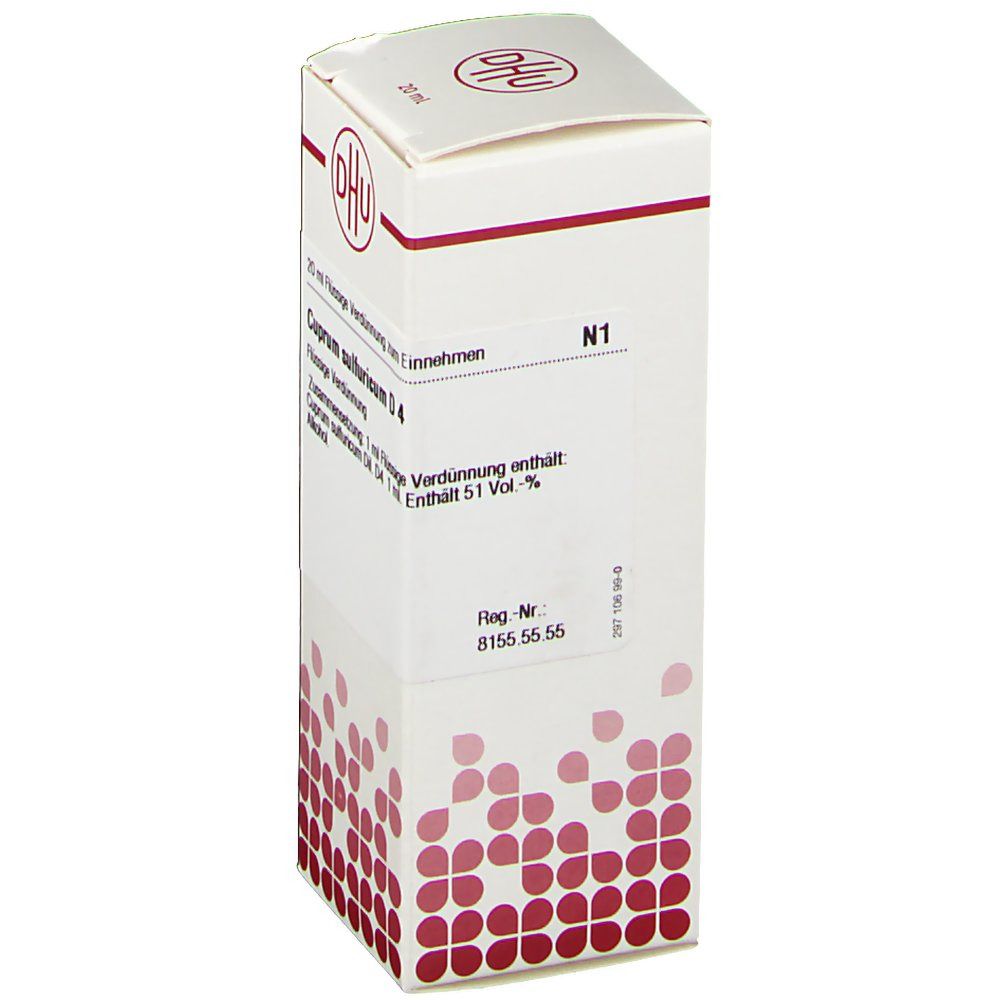 Weiße Faltschachtel mit DHU-Logo und Produktinformationen. Rote grafische Elemente. Text in deutscher Sprache. N1-Kennzeichnung.