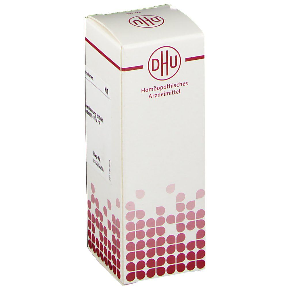 Weiße Faltschachtel mit DHU-Logo und Homöopathisches Arzneimittel. Rote grafische Elemente. Text in deutscher Sprache.