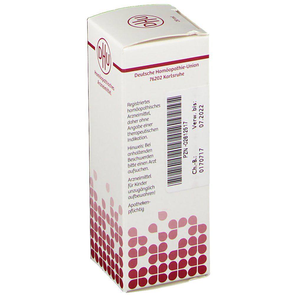 Weiße Faltschachtel mit DHU-Logo und Text. Rote grafische Elemente. Text in deutscher Sprache. Chargen- und Verfallsdatum.