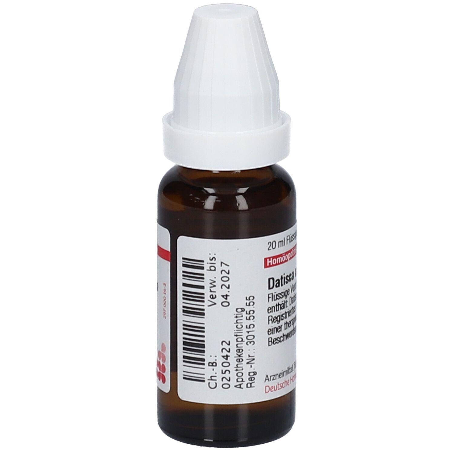 Braune Glasflasche mit weißem Verschluss. Etikett mit Verfallsdatum und Chargennummer. DHU Datisca Cannabina D2.