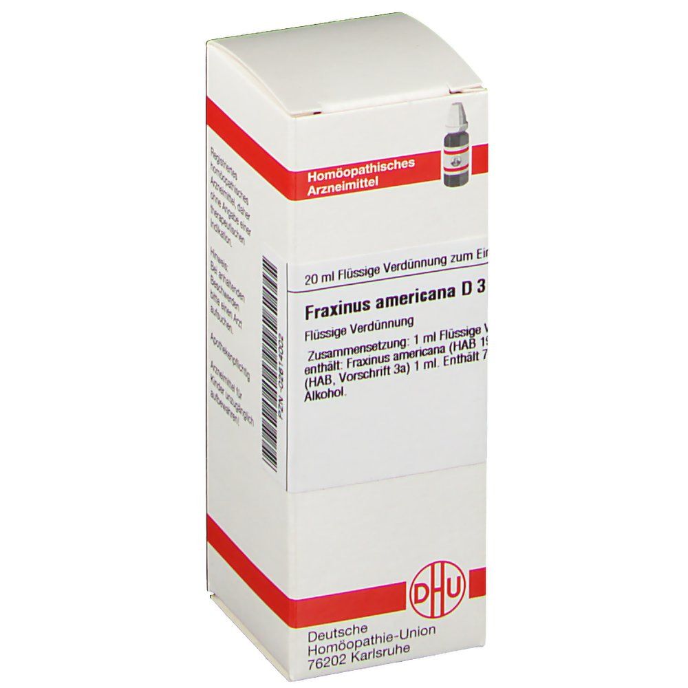 Weiße Schachtel mit roter Umrandung. Aufschrift: Fraxinus americana D3, 20 ml Flüssige Verdünnung. DHU-Logo.