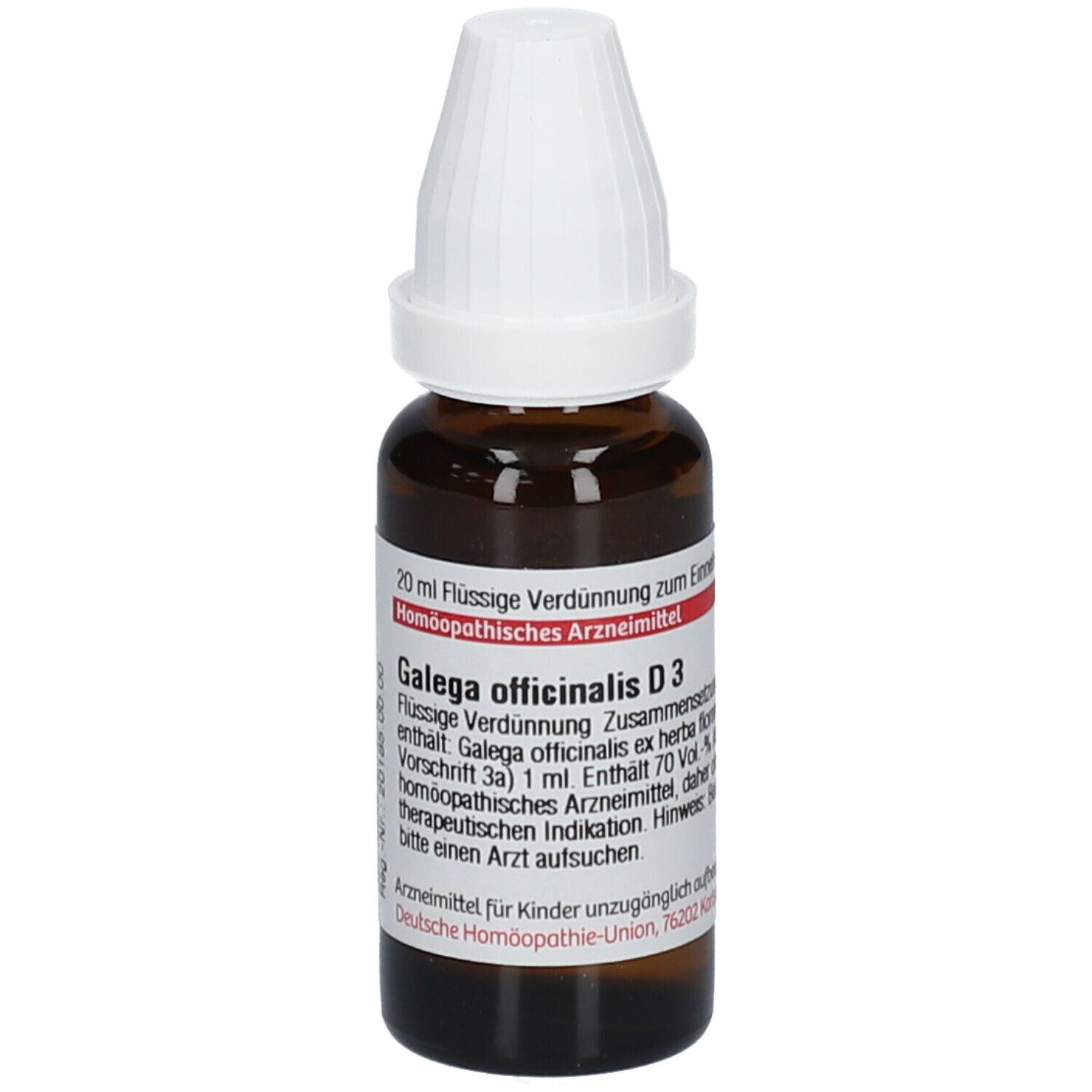 Braune Glasflasche mit weißem Schraubverschluss. Etikett mit Produktinformationen: Galega officinalis D3, 20 ml.