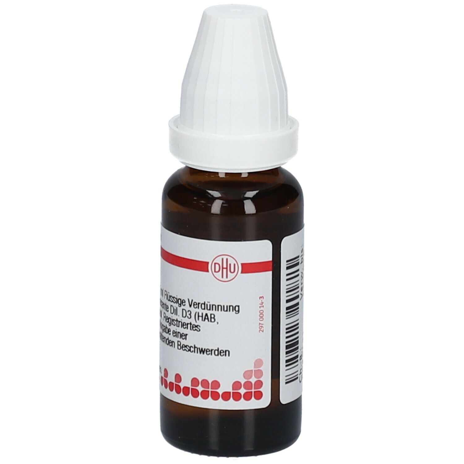 Braune Glasflasche mit weißem Schraubverschluss. Etikett mit DHU-Logo und Produktinformationen: Galega officinalis D3.